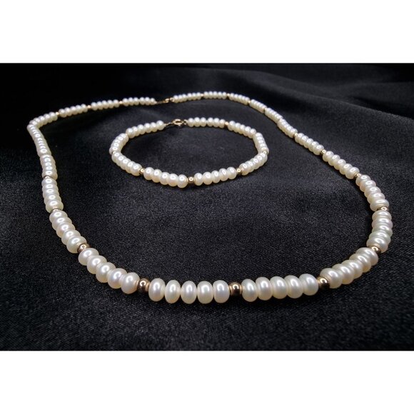 Vintage Late 90s 10K Gold Freshwater Pearl Necklace & Bracelet Set - Picture 2 of 6
